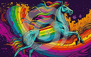 Beautiful horse in colors of pride flag. Generative Ai illustration