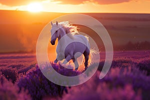 A beautiful horse galloping across a lavender field at sunset