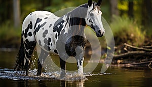 A beautiful horse grazes in the green meadow near the pond generated by AI