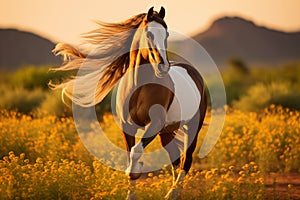 Beautiful horse with mane standing in field. Generative AI