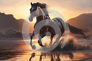 Beautiful Horse running on a beach at sunset. Stallion Running on the beach splashing waves at sunrise. Ai generated