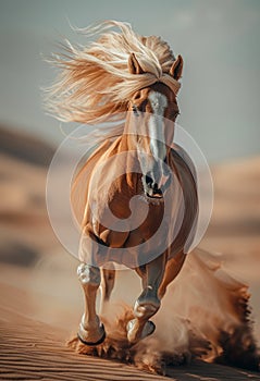 Beautiful horse runs gallop on sand in desert