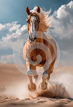 Beautiful horse runs gallop on sand in the desert