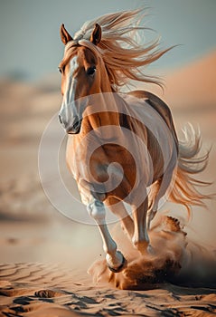 Beautiful horse runs gallop on sand in the desert