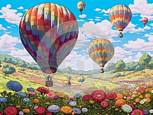 Beautiful hot air balloons on field flowers. Fantastic spring event. with generative Ai