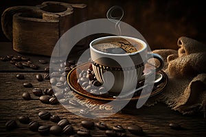 Beautiful hot coffee cup and coffee beans on wood background