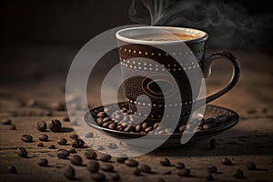 Beautiful hot coffee cup and coffee beans on wood background