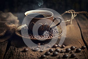 Beautiful hot coffee cup and coffee beans on wood background