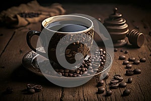 Beautiful hot coffee cup and coffee beans on wood background