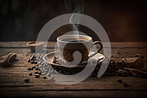 Beautiful hot coffee cup and coffee beans on wood background