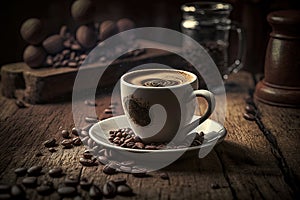 Beautiful hot coffee cup and coffee beans on wood background