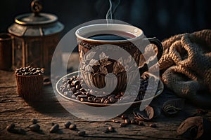 Beautiful hot coffee cup and coffee beans on wood background