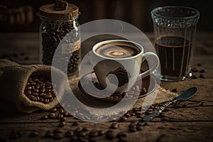 Beautiful hot coffee cup and coffee beans on wood background