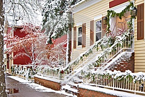 Beautiful house covered snow located in the Queen Street, Niagara on the Lake, Canada