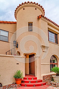 Beautiful house facade with turret at the neighborhood of Long Beach California