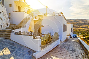 Beautiful house in Lindos on background of the bay, yachts and ships Rhodes Greece