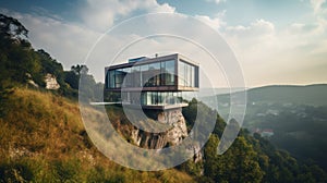 Beautiful house of modern architecture on top of a hil. Generative AI