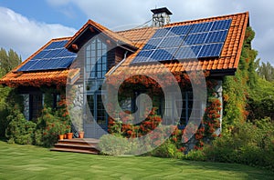 Beautiful house with solar panels on the roof. Photovoltaic system on the roof