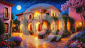 Beautiful house surrounded by flowers at night, mediterranean architecture oil painting on canvas