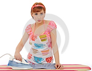 Beautiful house woman ironing mens shirt