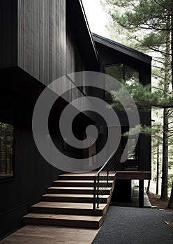 Beautiful House in the Woods with Modern Architecture, Wooden Walls, and Big Windows. Generative Ai