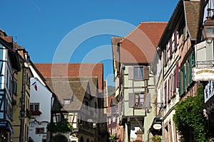 Beautiful houses in Riquewihr, Alsace, France. One of the most romantic and beautiful villages