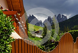 Beautiful houses in Santa Maddalena village, Val di Funes, Dolomites, Italy, Europe.