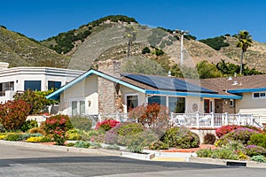 Beautiful houses with solar panels, with nicely landscaped front the yard, California