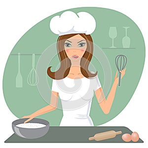 Beautiful housewife cooking omelet