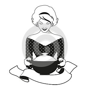 Beautiful housewife dressed in retro style carrying a pot and banner for text. Illustration for home cooking or vintage