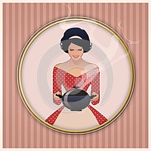 Beautiful housewife dressed in the style of the 50s in a polka dot dress, carrying a steaming pot on oval frame on vintage style