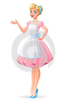 Beautiful housewife in pink dress and apron presenting. Vector illustration.