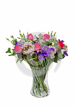 Beautiful huge bouquet of red roses and stasis or Limonium sinuatum or Wavy Leaf in vase on white background photo
