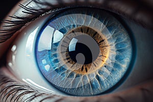 Beautiful human blue eye macro, iris details closeup. AI generated image