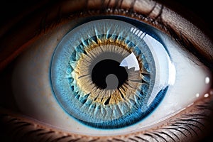 Beautiful human blue eye macro, iris details closeup. AI generated image