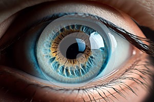 Beautiful human blue eye macro, iris details closeup. AI generated image