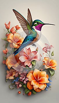 Beautiful hummingbird with bright colors surrounded by delicate pink-red blossoming flowers.