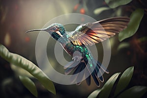 Beautiful hummingbird flying in the jungle. Wildlife closeup scene from tropics