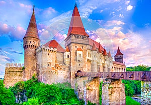 Beautiful Hunyad Corvin medieval castle in Hunedoara town,Transylvania landamark, Romania,Europe