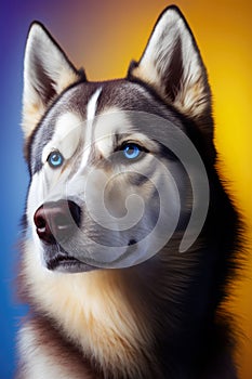 Beautiful husky dog on blue yellow coloured background. Studio shot. Photorealistic AI generative illustration.