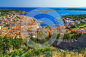 Beautiful Hvar resort cityscape with spectacular harbor and boats, Croatia