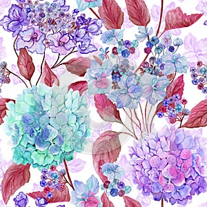 Beautiful hydrangea flowers in pink, lilac, purple tints on white background. Seamless soft floral pattern. Watercolor painting.