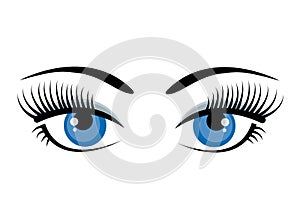 Beautiful ice blue female eyes with eyelashes, eyebrows and gray shadow isolated on white background. Flat style logo or