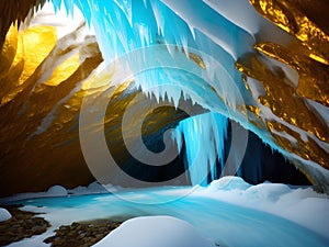 beautiful ice cave and gold , Ai Generated