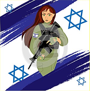 Beautiful IDF girl with a machine gun in her hands.Young Israeli Jewish woman vector illustration
