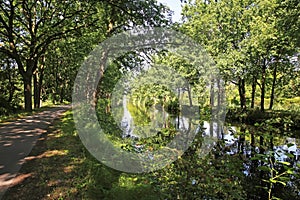 Beautiful idyllic scenic cycling bike path along dutch water canal, green forest, rural landscape - Eindhoven Kanaal, Netherlands