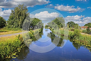 Beautiful idyllic scenic cycling bike path along dutch water canal, green forest, rural landscape - Eindhoven Kanaal, Netherlands