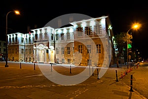 Beautiful illuminated building of Konya Governorship. Night light landscape of Konya