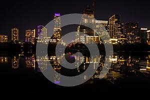 Beautiful illuminated buildings of Austin downtown at night