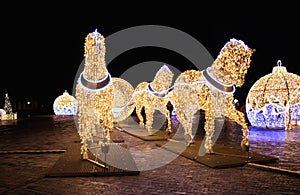 Beautiful illuminated Christmas sculptures in Magdeburg, Germany at night